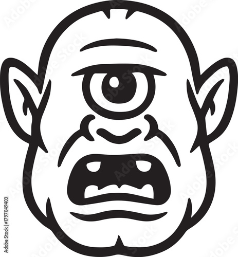 A detailed black and white illustration of a cyclops, featuring a single, prominent eye, furrowed brow, and open mouth. A striking image perfect for adding a touch of mythology to your projects.