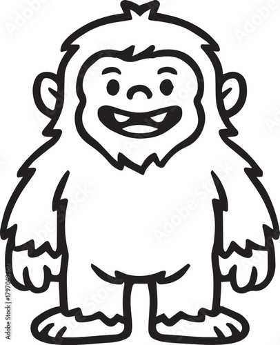An adorable cartoon bigfoot character smiles, its playful expression radiating joy and friendliness. The cheerful depiction invites a sense of wonder and childlike glee.
