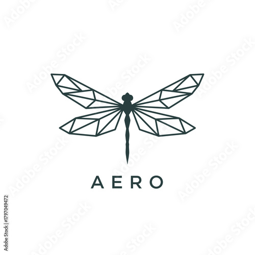 A geometric illustration of a dragonfly. The insect is in dark green against a white background