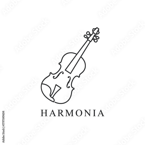 A minimalist violin icon, rendered in black, gracefully angled, with "HARMONIA" below