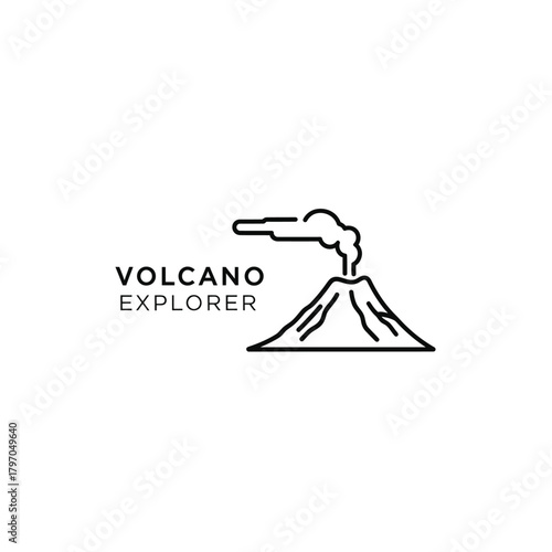 A minimalist monochrome line art illustration of a volcanic eruption, with the word "VOLCANO EXPLORER