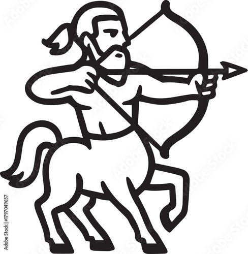 An elegant artistic interpretation of a Sagittarius zodiac sign, poised with bow and arrow, embodying focus and precision, in black and white minimalist lines.