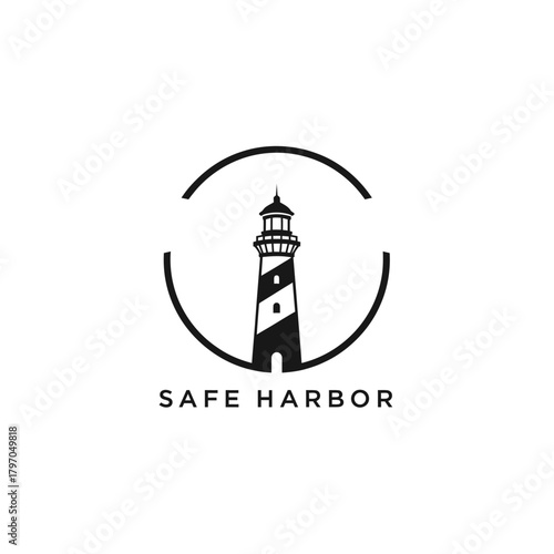 A monochrome illustration of a lighthouse within a partial circle, and "SAFE HARBOR" beneath