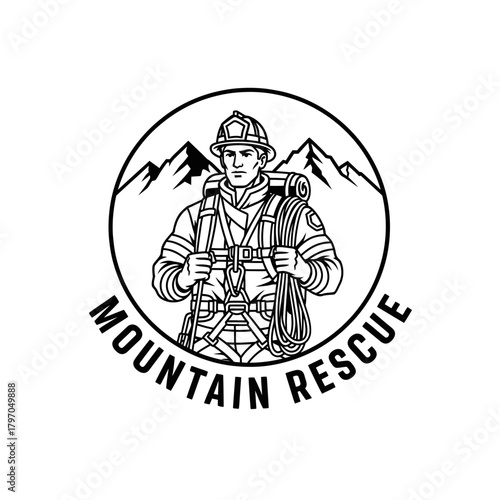 Black and white illustration of a rescuer with mountains and text. A person in gear