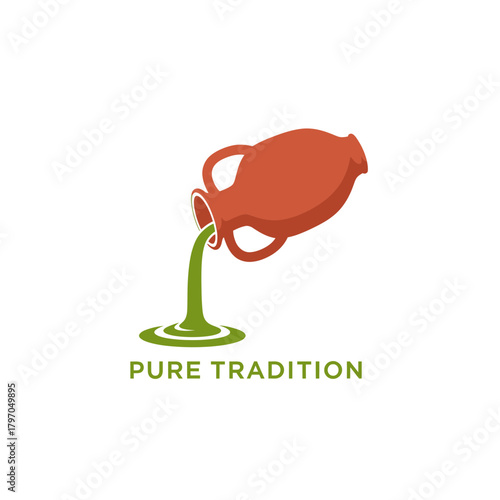 Stylized illustration of a traditional terra-cotta jug pouring liquid, with accompanying text below