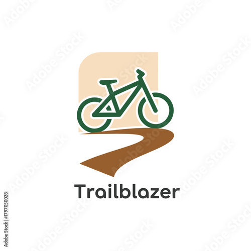 A bicycle graphic with a road, set over a colored box, with a word below