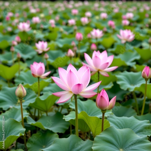lotus flowers growing naturally in wetland, wildlife habitat background, realistic nature scene