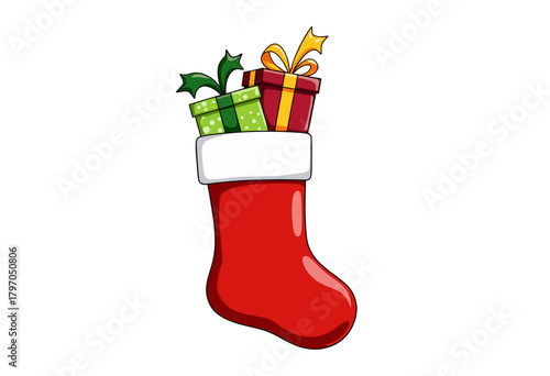 Vibrant Red Christmas Stocking Filled with Festively Wrapped Gifts and Colorful Ribbons, Symbolizing Holiday Spirit and Joyful Celebrations