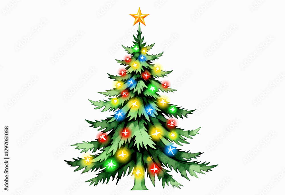 Obraz premium Vibrant Christmas Tree Illustration Adorned with Multicolored Lights and a Golden Star Topper on a White Background Celebrating Festive Holiday Spirit
