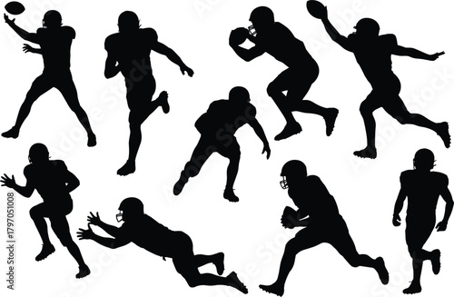 American football silhouettes, athlete action poses, helmeted players, running, throwing, catching, tackling, sports motion, gridiron energy,