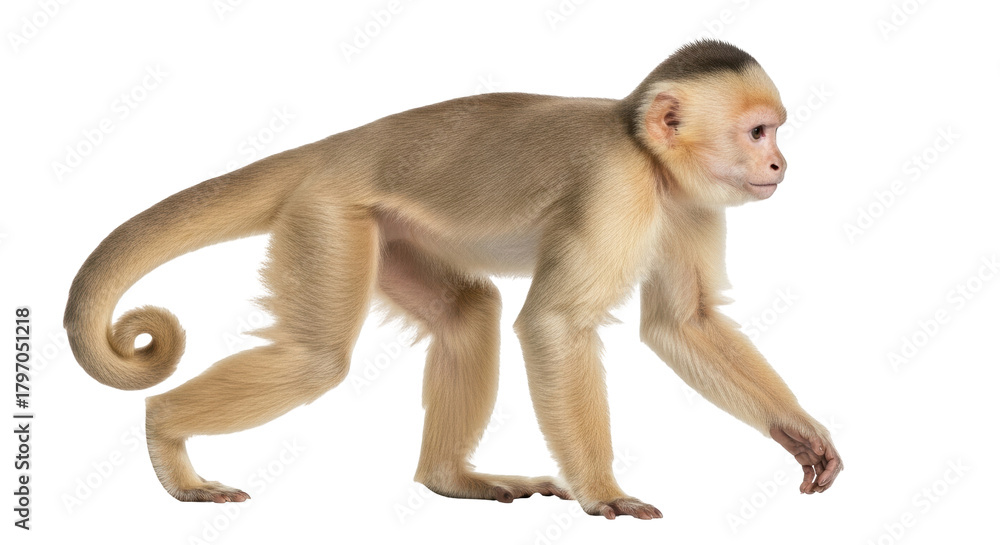 Naklejka premium Isolated Cebus monkey walking slowly, a charming primate with light brown fur looking around