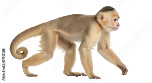 Fototapeta Isolated Cebus monkey walking slowly, a charming primate with light brown fur looking around
