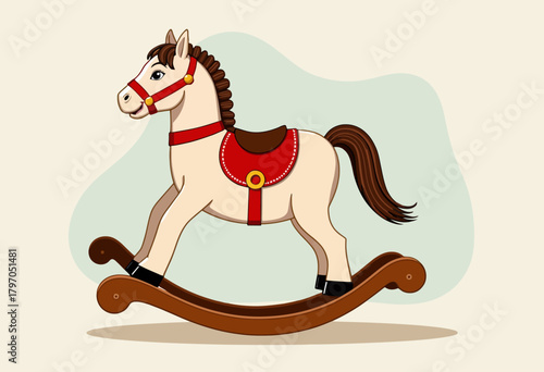 Illustration of a Classic Wooden Rocking Horse with Red Saddle and Brown Mane in Vintage Style for Children's Toy and Decor