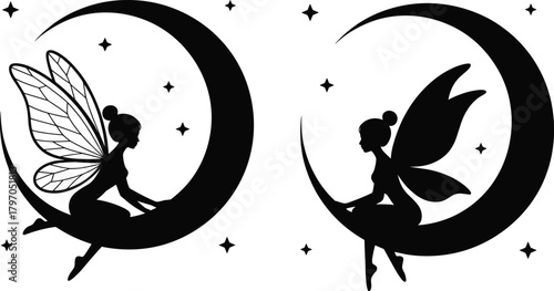 Fantasy moon fairy silhouette, magical crescent moon art, whimsical winged figures, starry night illustration, mystical fairies design, enchanted celestial scene, dreamy moonlight composition