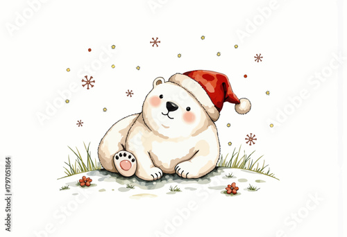 Adorable Polar Bear Cub Wearing a Santa Hat Relaxing on Snowy Grass with Falling Snowflakes and Woodland Flowers