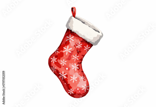 Festive red Christmas stocking adorned with white snowflake patterns and fluffy trim, hanging ready to be filled with holiday surprises and gifts on a joyful Christmas Eve.