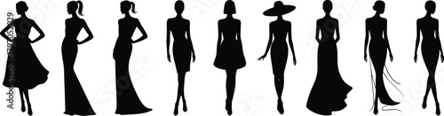 Fashion silhouettes, female figures, dress styles, outfit variety, casual wear, formal gowns, fashion illustration, clothing design, trendy looks, stylish women, garment inspiration, fashion diversity