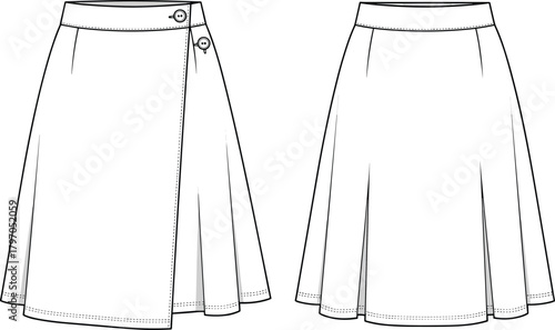 Technical Fashion Flat Vector Template A-Line Wrap Skirt, High Waisted Midi Pleated Design, Apparel Garment CAD Illustration Outline