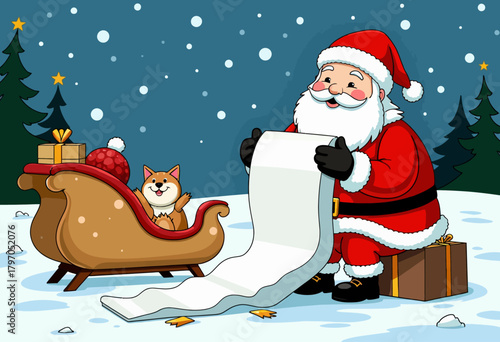 Festive Christmas scene featuring Santa Claus sitting with a cheerful Corgi dog in a snowy landscape, checking his long gift list next to a sleigh filled with presents