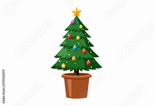 Festive Decorated Christmas Tree in a Pot with Colorful Ornaments and Star Topper on a White Background for Holiday Cheer and Seasonal Celebration