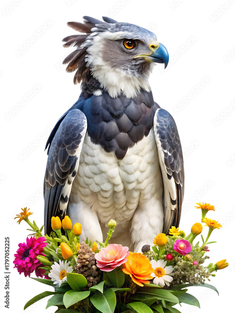 Obraz premium Majestic harpy eagle perched regally amidst a vibrant bouquet of colorful wildflowers and lush green foliage, isolated on transparent background