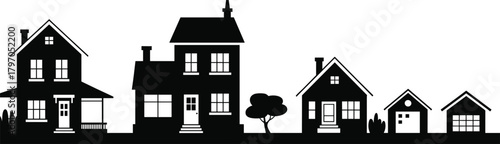 Silhouette, residential buildings, suburban houses, architecture, rooftops, chimneys, tree, shed, garage, neighborhood, skyline, contrast, windows, doors, evening, peaceful, quiet, home, 