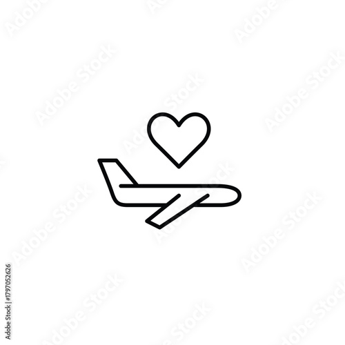 Plane flying and heart. Love for travel, customer preferred airlines and romantic getaway. Pixel perfect, editable stroke vector icon