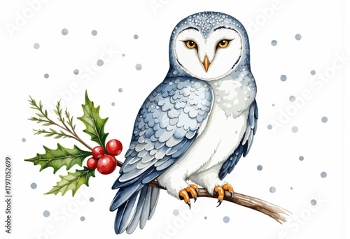Illustration of a snowy owl perched gracefully on a branch with holly and berries, displaying majestic plumage against a white background with falling snowflakes