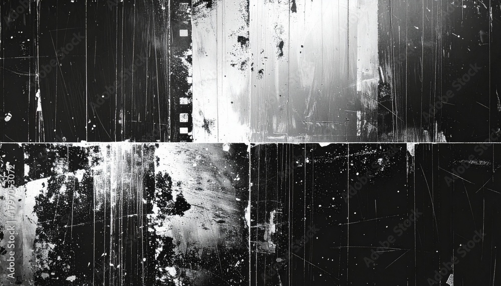 Fototapeta premium Old film texture with scratches, noise and glitch shapes. Realistic overlay film texture in black-white, dust and grain.