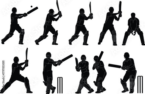 Cricket Player Batsman Silhouettes Vector Set, Dynamic Sport Action Poses Batting Hitting Ball Collection, Athlete Movement Black Shapes