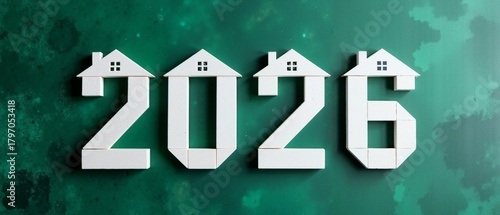 The year 2026 made from white house models on a green background. Real estate and housing market prediction concept for future property investment and new home construction goals