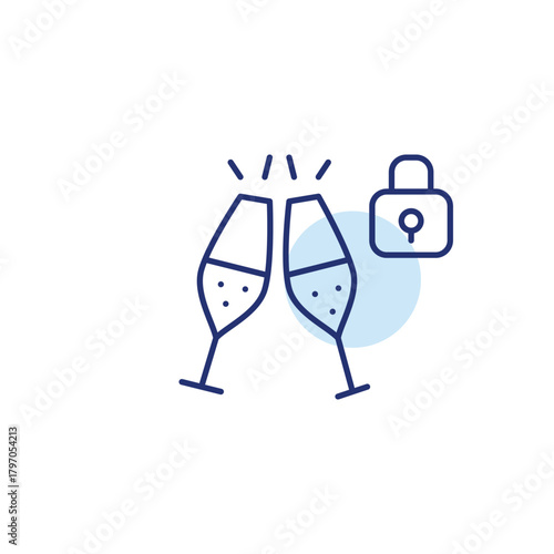Toasting with champagne and lock. VIP celebration, age verification. Pixel perfect, editable stroke vector icon