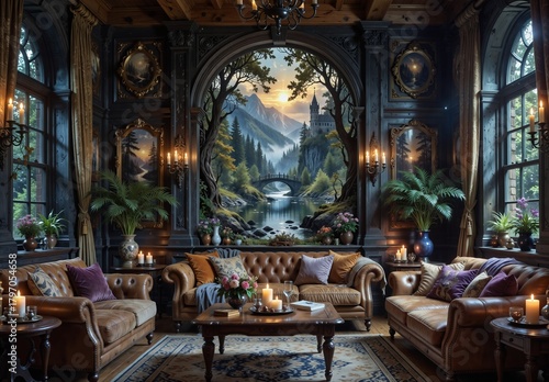 luxurious victorian living room interior with scenic landscape mural and warm candlelight.