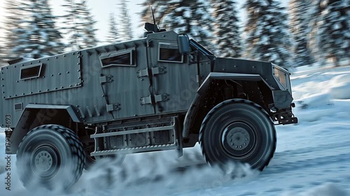 Armored Truck Driving Fast in Snowy Forest – Tactical Winter Patrol Video