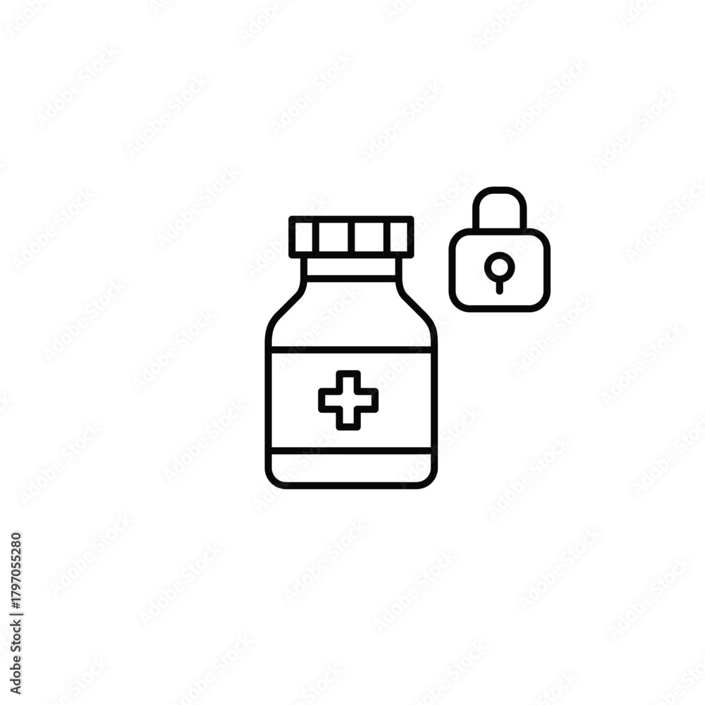 Obraz premium Bottle of pills and lock. Protected medication data, secure prescriptions. Pixel perfect, editable stroke vector icon