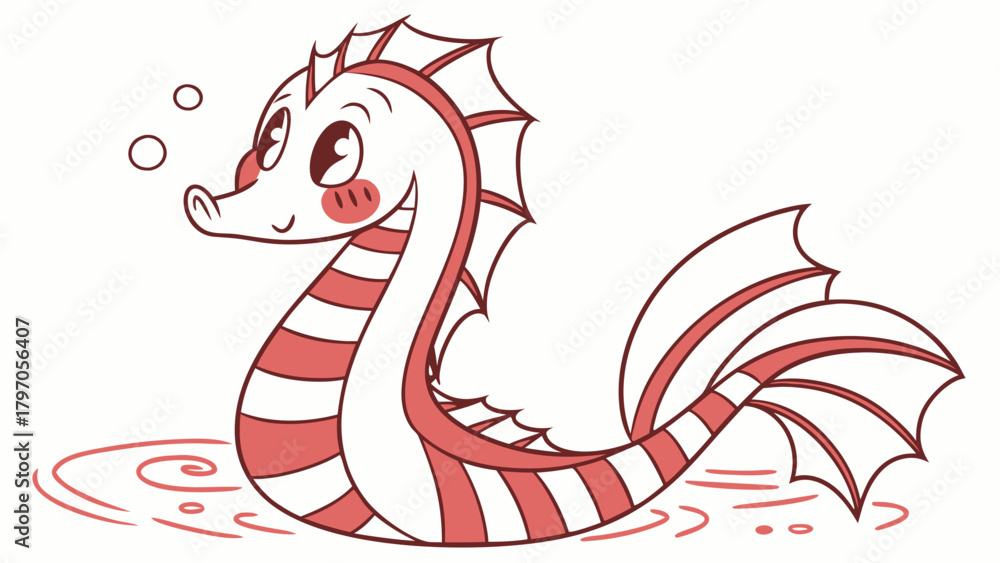 Fototapeta premium Cartoon Striped Seahorse with Bubbles and Water Ripples Illustration