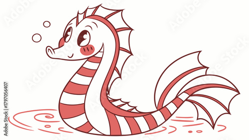 Cartoon Striped Seahorse with Bubbles and Water Ripples Illustration