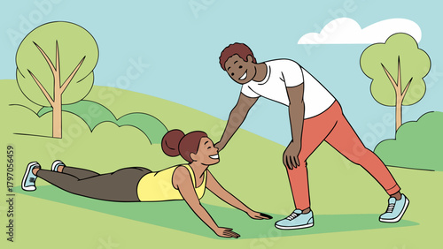 Cheerful Man Helping Woman Stretch Outdoors in Park Setting