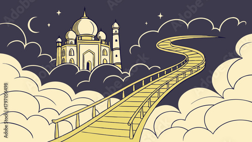 Dreamy Taj Mahal Illustration with Cloudscape and Winding Bridge Path