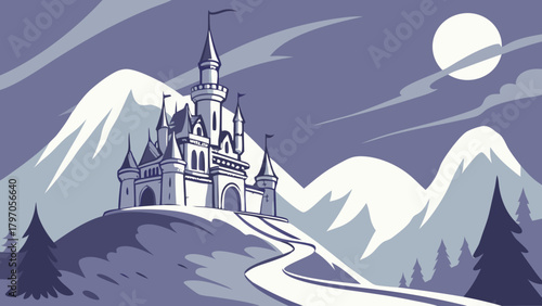 Stylized Castle on Hilltop with Snowy Mountains and Full Moon