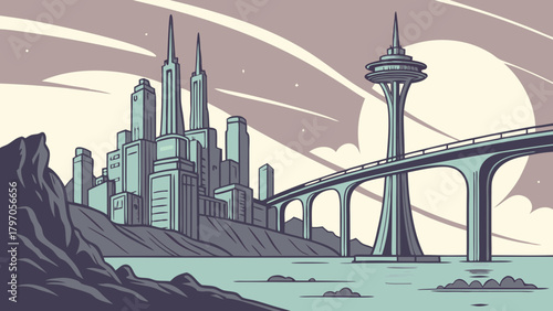 Stylized futuristic cityscape with tower bridge and geometric buildings
