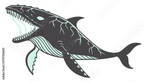 Stylized Humpback Whale with Open Mouth and Unique VeinLike Markings