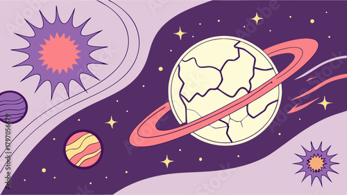 Stylized Planets and Starbursts in a Retro Space Illustration with Rings