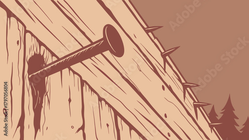 Weathered Wooden Wall with Protruding Spikes and a Large Nail Detail