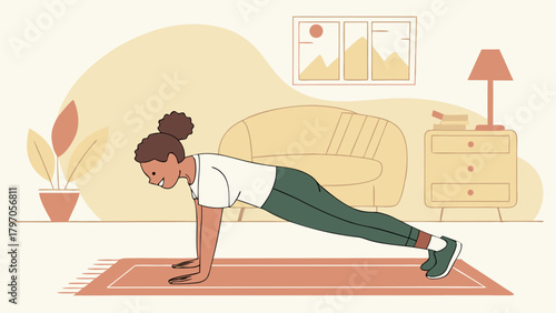 Woman in plank position on a rug in a cozy living room setting