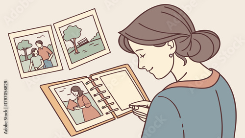 Woman gazing at photo album reminiscing about cherished memories and moments