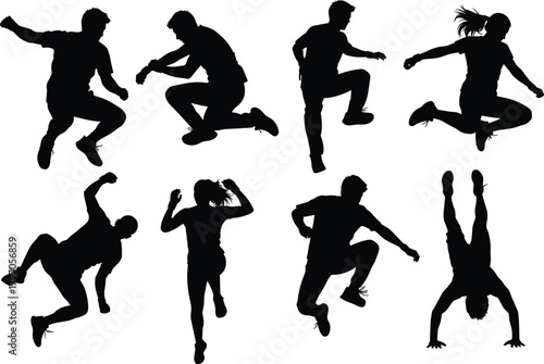 Parkour Movement Silhouettes Vector Set, Free Running Jump Action Poses Collection, Urban Athlete Acrobatics Training Black Shapes