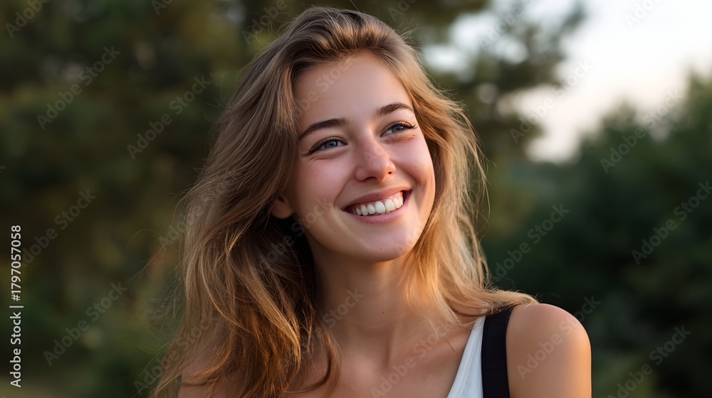 Naklejka premium Young woman with a joyful smile enjoying the golden afternoon sunlight outdoors