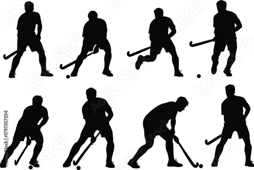 Field Hockey Player Silhouettes Vector Set, Dynamic Sport Action Poses Stick Ball Game Collection, Athlete Movement Black Shapes