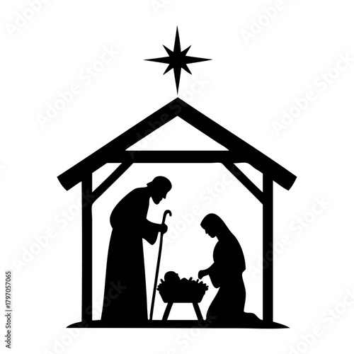 Silueta de escena de la natividad con San José, la Virgen María y el niño Jesús en el Portal de Belén con una estrella 